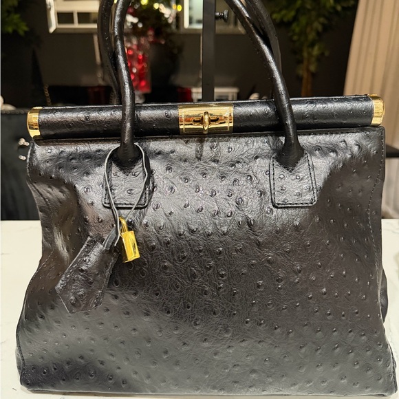 Beautiful Italian Black Leather Satchel with Gold Accents